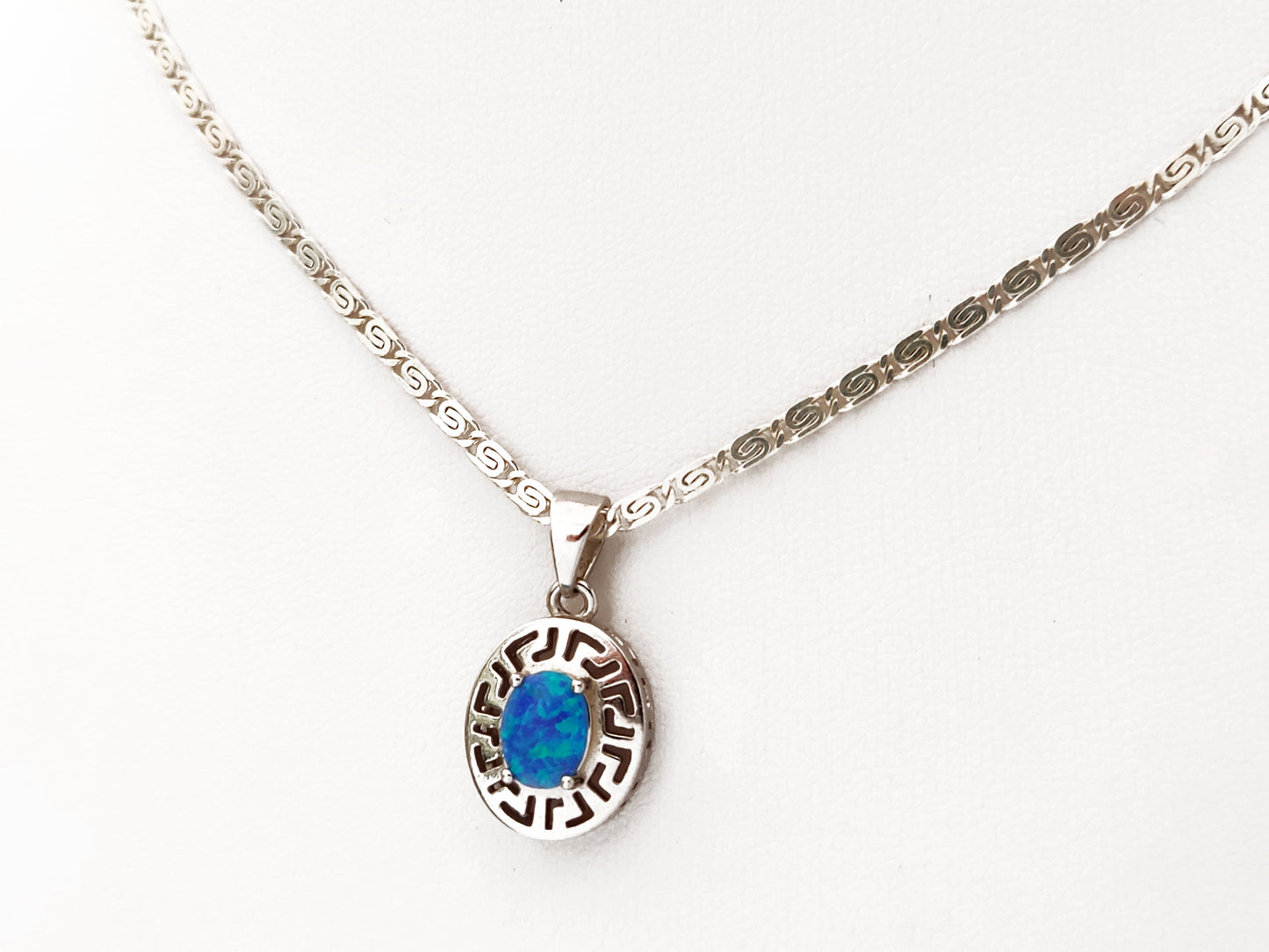 Greek Key Blue Opal Silver Pendant Infinity Chain Necklace 15x13mm