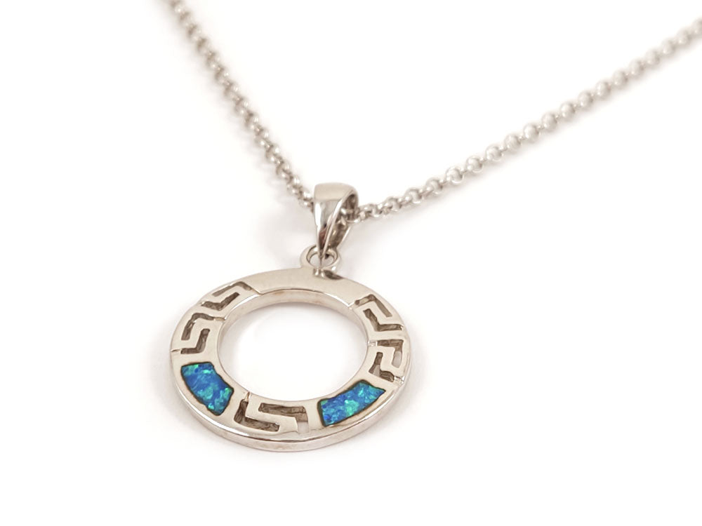 Sterling Silver 925 Greek Key Meander Pendant with Blue Opal, 2mm chain width, made in Greece.