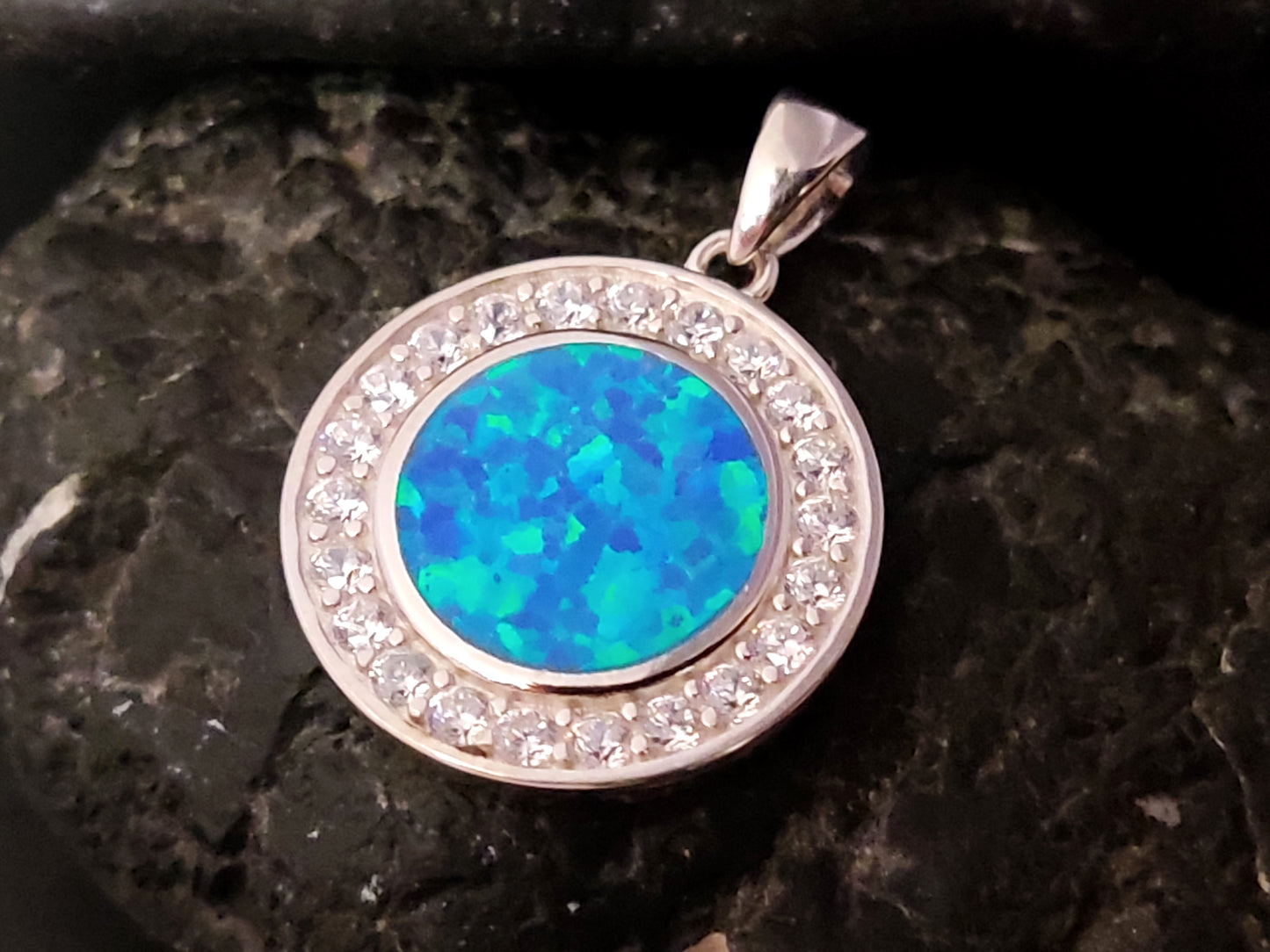 Blue Opal Stone Crystals Round Silver Greek Pendant 19mm
