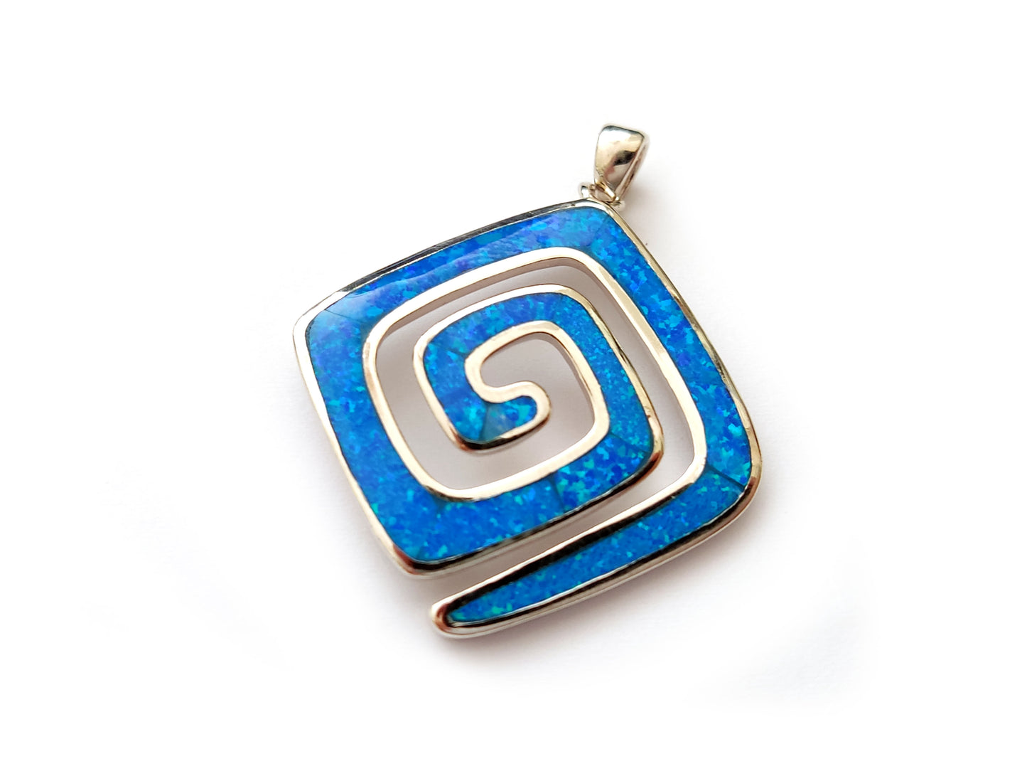 Greek Key Blue Opal Silver Pendant 27mm