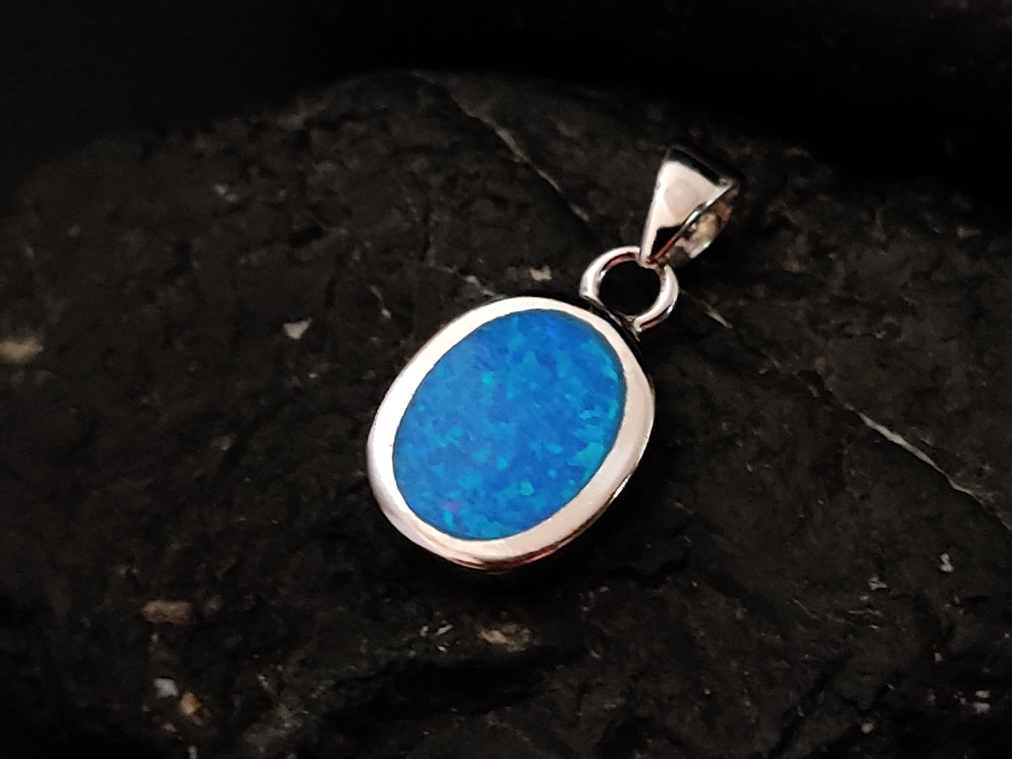 Sterling Silver Blue Opal Oval Stone Greek Pendant 13x10mm