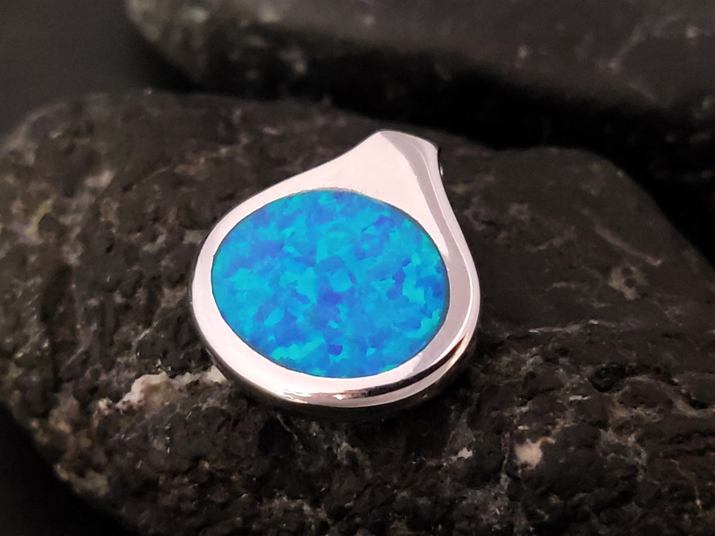 Greek Blue Opal Oval Stone Silver Pendant 17x19mm
