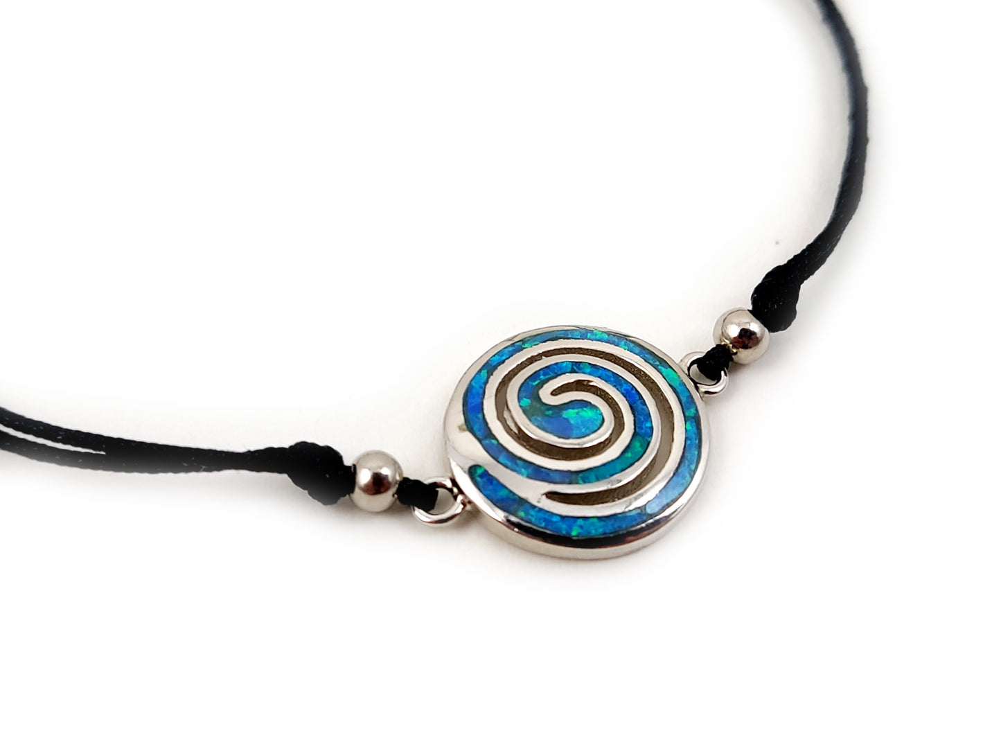 Greek Spiral Silver Blue Opal Cord Macrame Bracelet 14mm