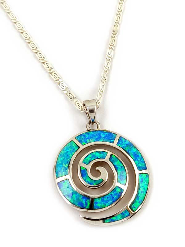 Greek Blue Opal Silver Pendant 26mm Necklace