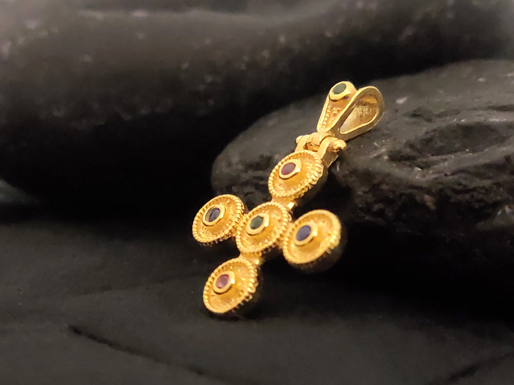 "Handmade Sterling Silver 925 Greek Byzantine Cross pendant with multicolor cubic zirconia stones, 15 x 17 mm, displayed against a soft velvet background."