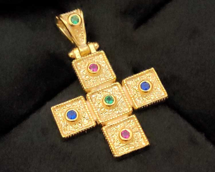 "Sterling silver 925 Greek Byzantine cross pendant, gold-plated, handcrafted in Greece, 18x18 mm."