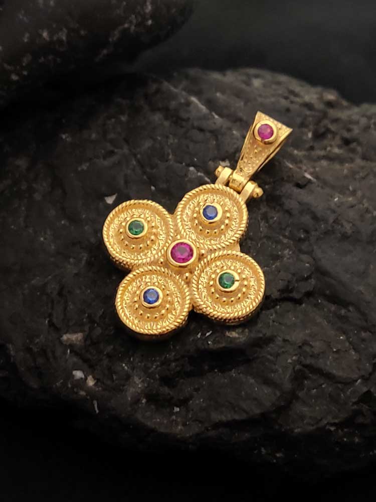 Greek-made Byzantine Cross pendant, 16 mm, Sterling Silver 925, gold plating, and multicolor cubic zirconia stones.