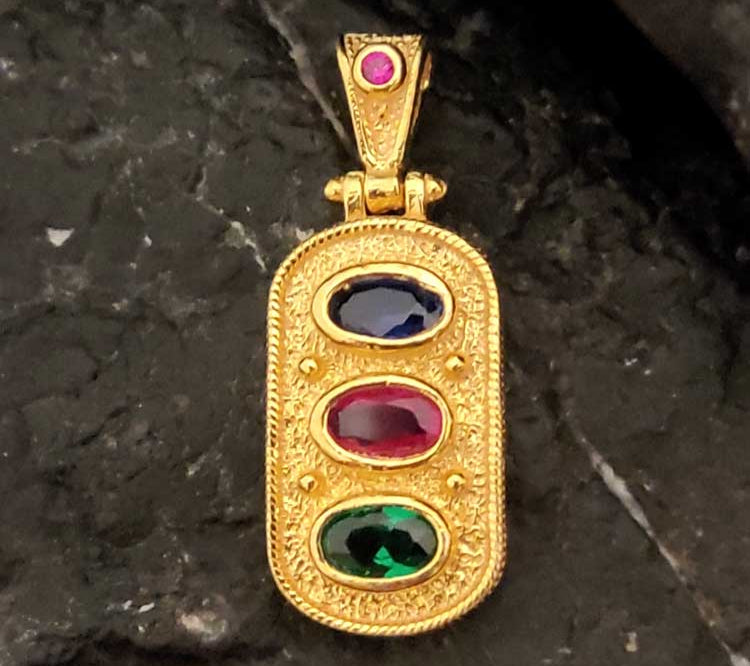"Greek Byzantine rectangular pendant in sterling silver 925 with gold plating and red, green, and blue cubic zirconia."