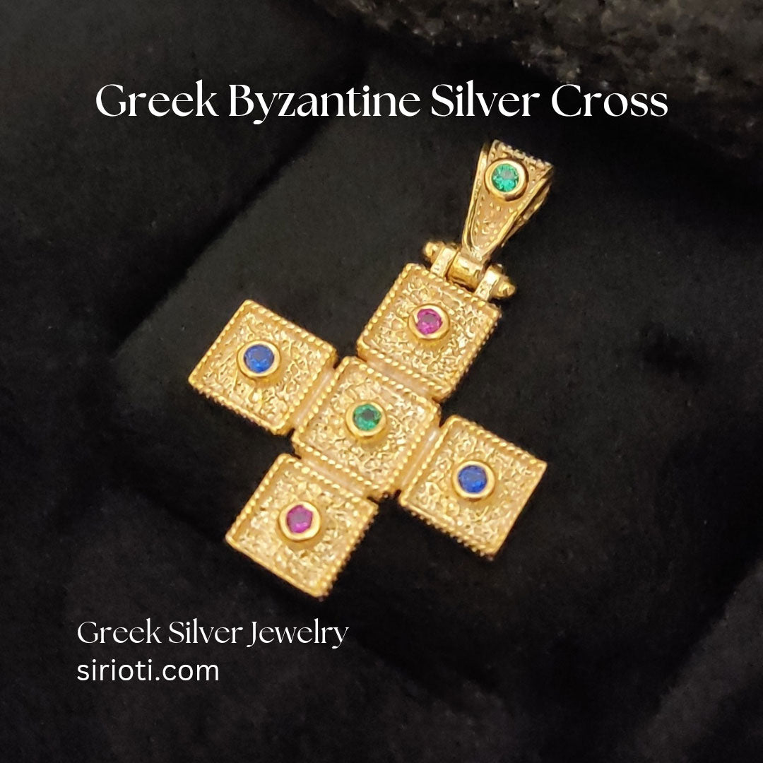 "Gold-plated Byzantine cross pendant in sterling silver 925, elegant Greek design with hallmark 925."
