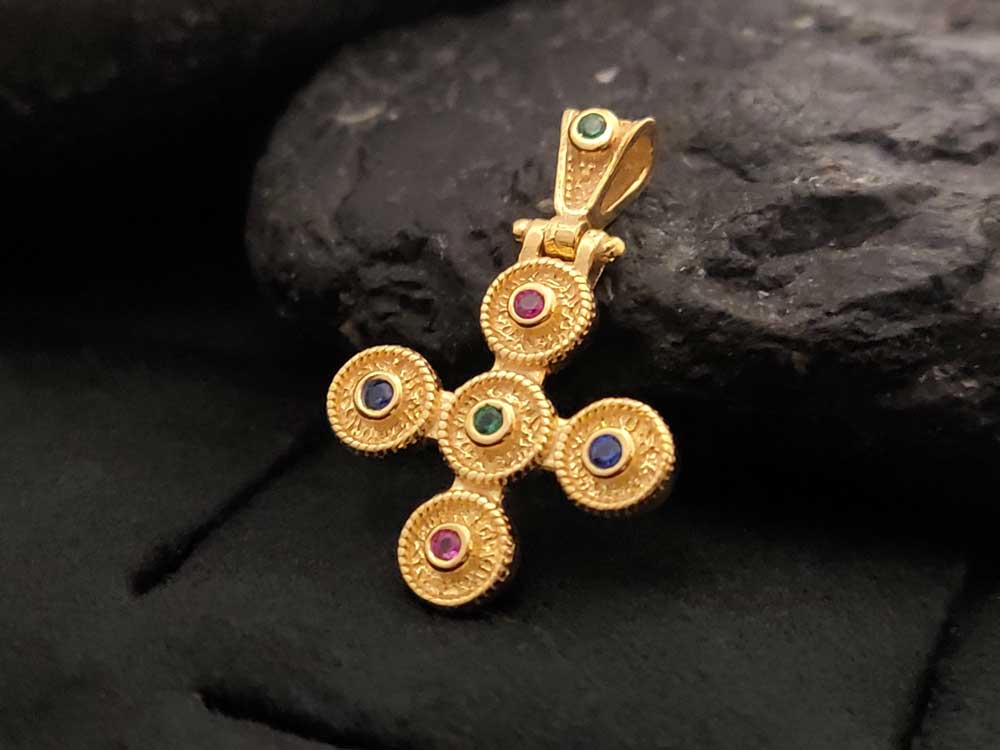 "Elegant Greek Byzantine cross necklace, crafted in Sterling Silver 925 with multicolor cubic zirconia, showcased with free worldwide shipping."