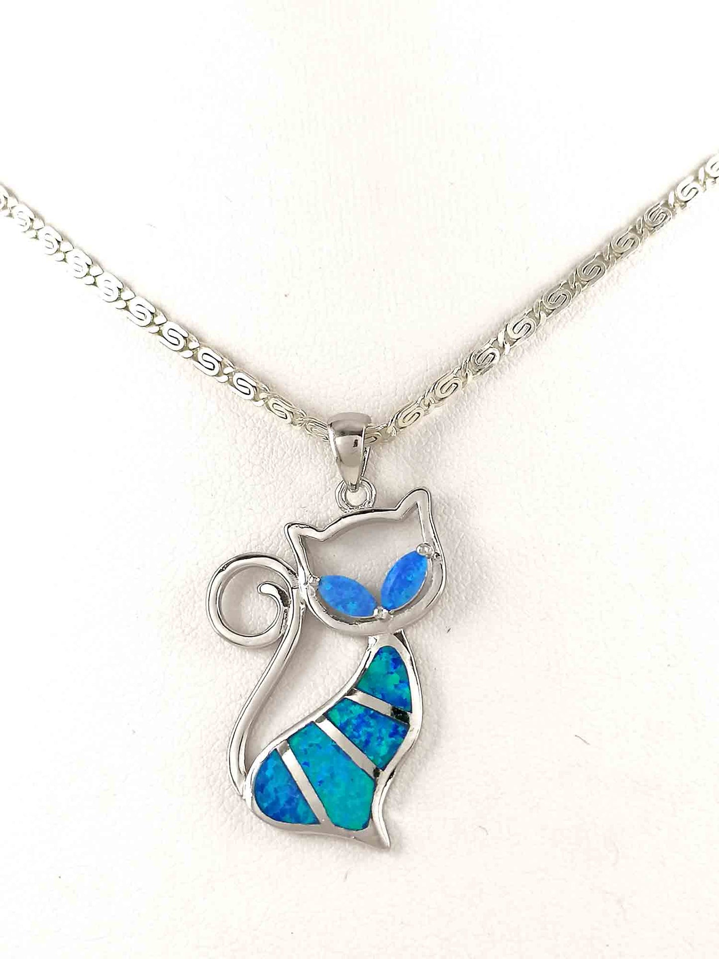 Blue Opal Silver Cat Pendant Necklace 30x20mm
