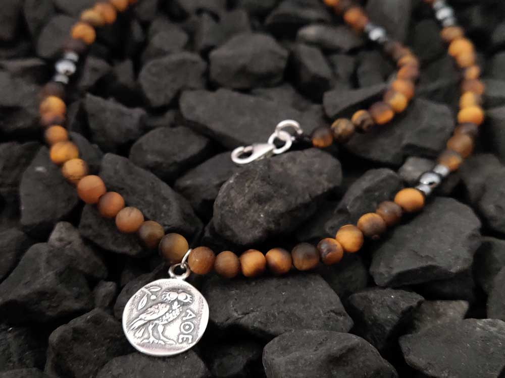 Handmade Greek Necklace With Natural Tiger Eye And Sterling Silver 925 Double Side Athena Owl Coin Pendant Necklace
