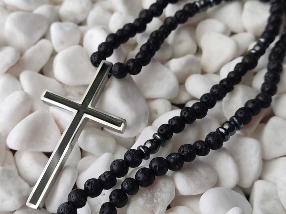 Lava stone necklace with stainless steel cross from Greece. The lava stones measure 4mm and the cross 45 x 25 mm. Free shipping included.