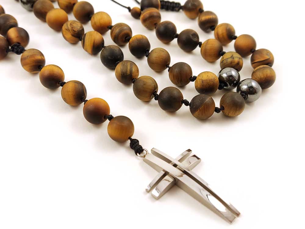 Greek Cross Necklace | Natural Matt Tiger Eye Stones 4mm | Stainless Steek Cross 20x32mm | Adjustable Length | Made In Greece