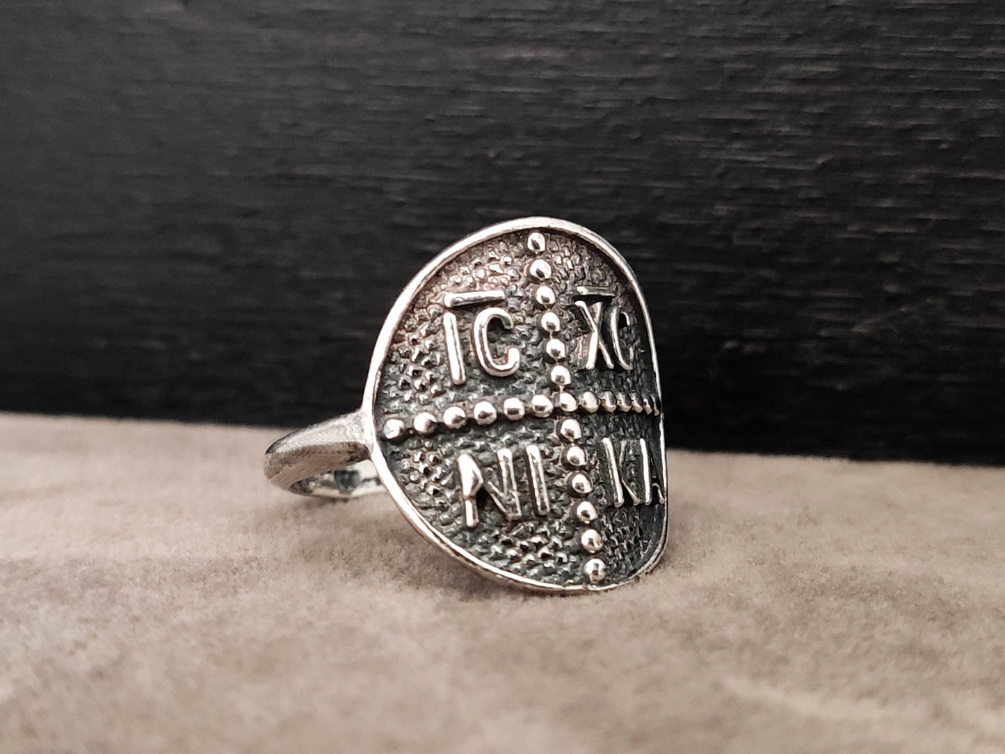 Greek Byzantine ICXC NIKA Cross Silver Ring 19mm