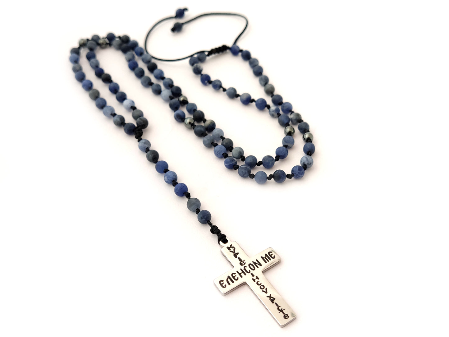Greek Cross Necklace with Genuine Blue Sodalite Stones