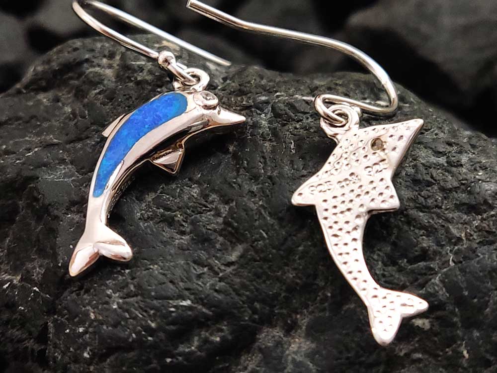 Blue Opal Greek Dolphins Dangle Silver Earrings