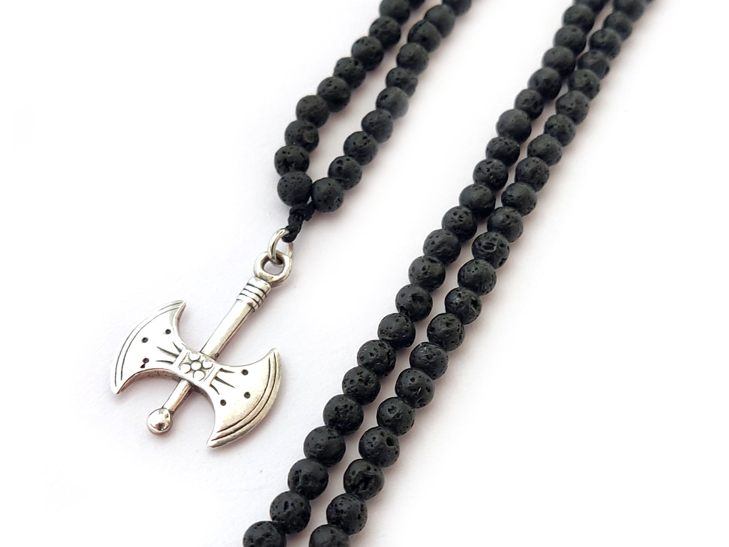Greek Double Axe Labris Pendant Necklace | Sterling Silver 925 | Natural Lava Stones 4mm | Sirioti Jewelry
