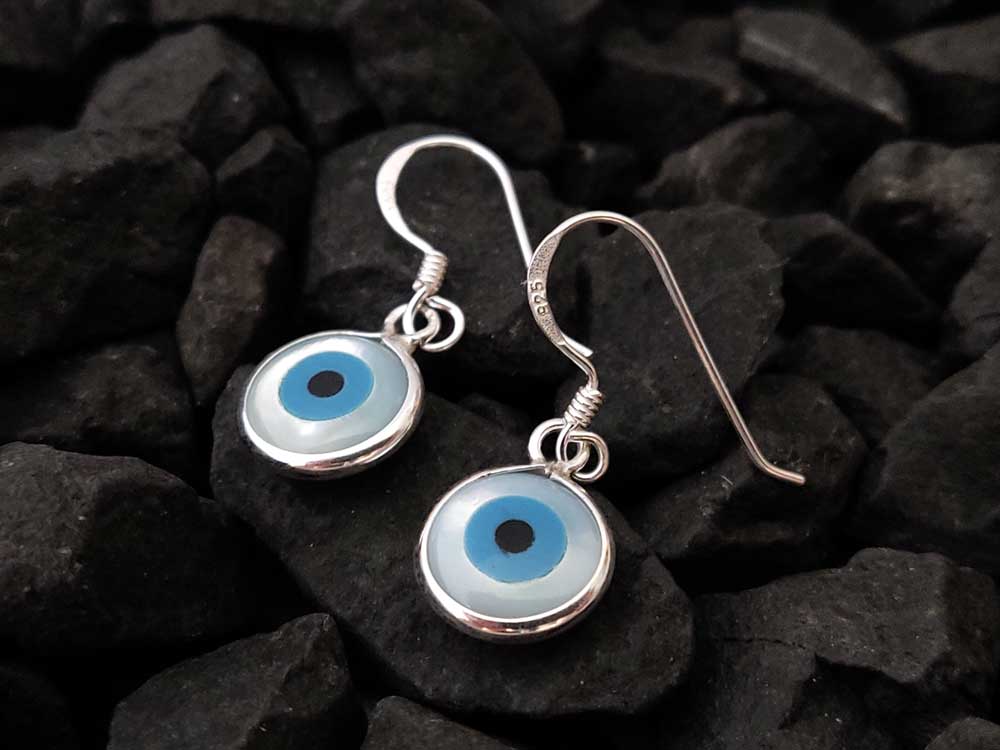 Evil Eye Nazar Mother Of Pearl Silver Earrings 10mm
