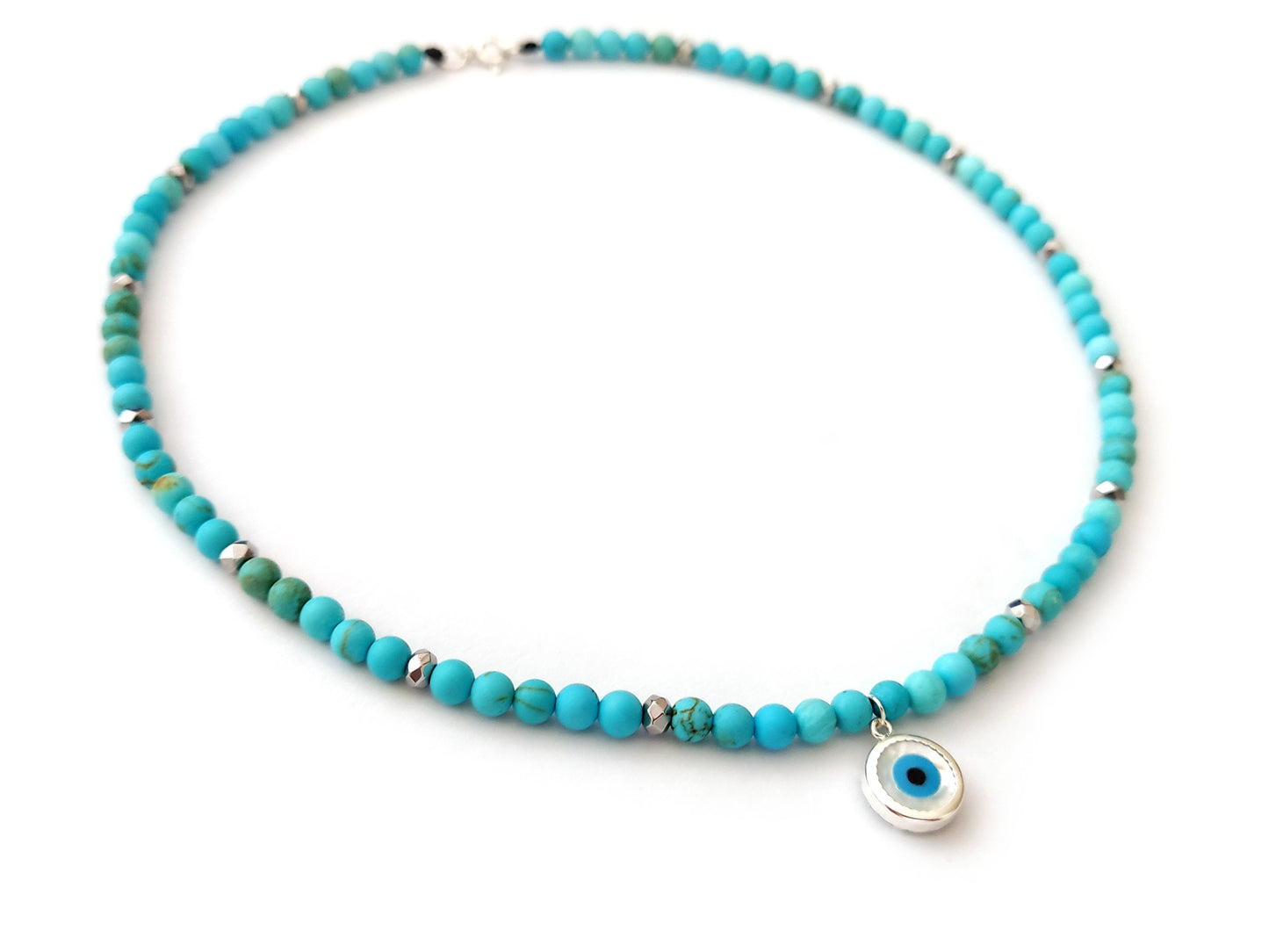 Greek Evil Eye Turquoise Silver Necklace