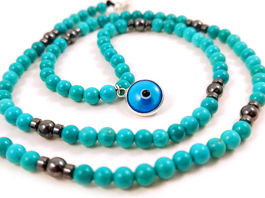 Handmade Evil Eye Mati Nazar Protection Turquoise Greek Silver Necklace