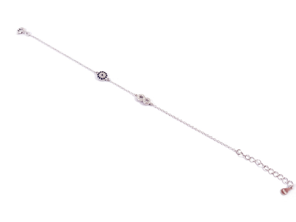 Adjustable Sterling Silver Bracelet with Evil Eye and Infinity symbols, perfect for protection and style.