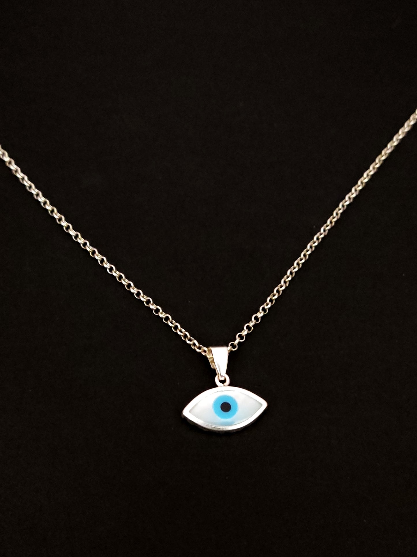 Greek Silver Mother of Pearl Evil Eye Pendant 7x14 Necklace