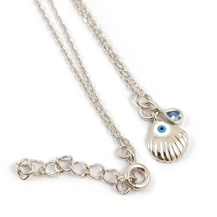 "Sterling Silver 925 Evil Eye Shell Pendant Necklace β Handmade Greek Jewelry with Crystal Drop Shape Pendant on a Silver Chain"