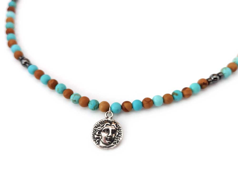 Turquoise - Jasper Stones Necklace & Greek God Apollo Silver Pendant