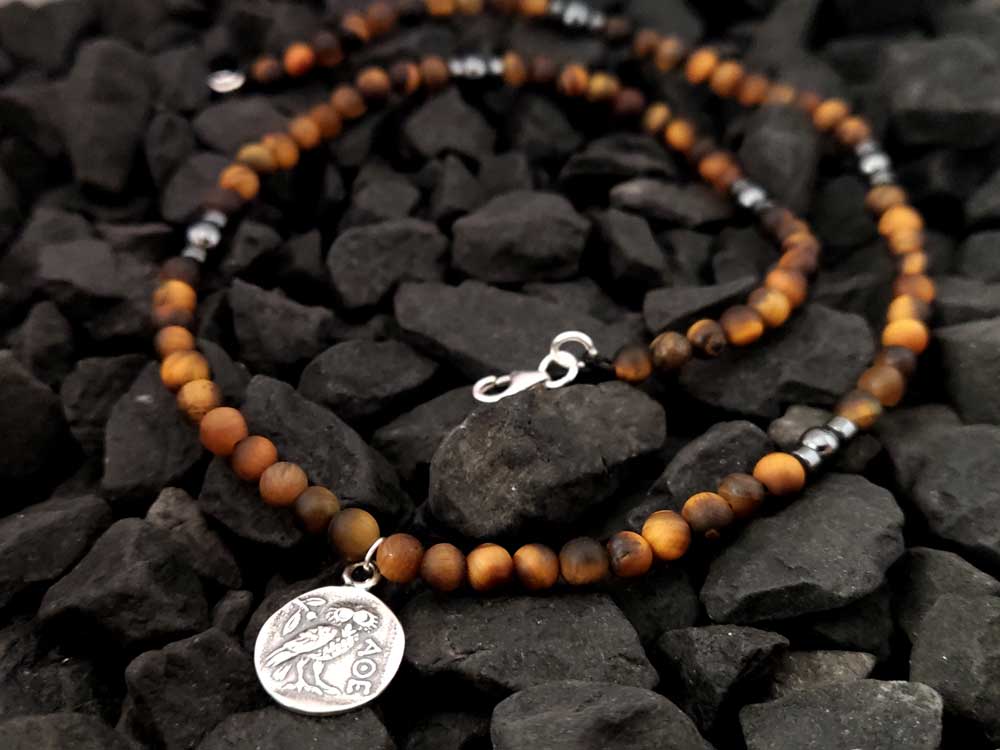 Handmade Greek Necklace With Natural Tiger Eye And Sterling Silver 925 Double Side Athena Owl Coin Pendant Necklace