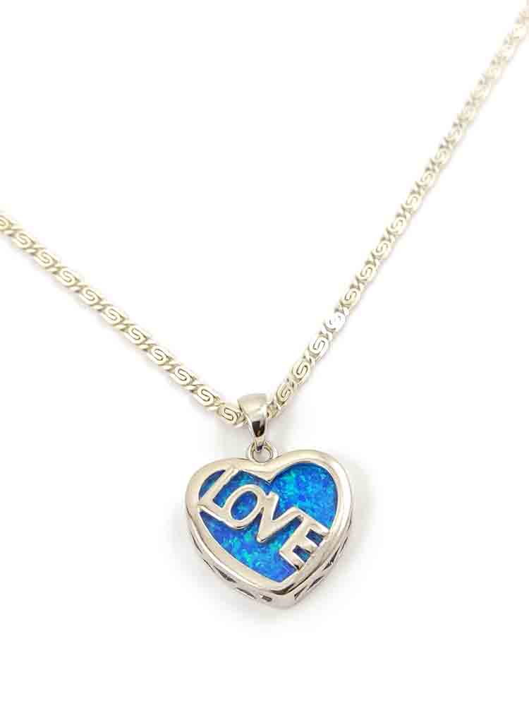 Silver Blue Opal Heart Love Necklace