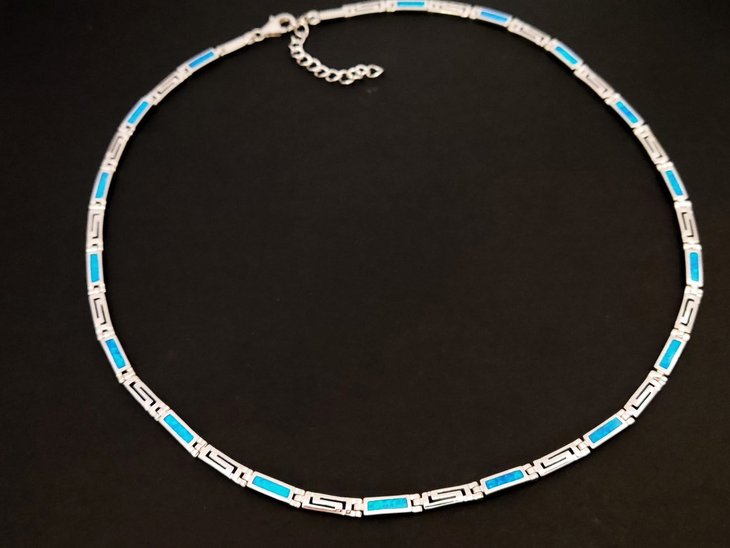 Greek Key Blue Opal Silver Adjustable Necklace
