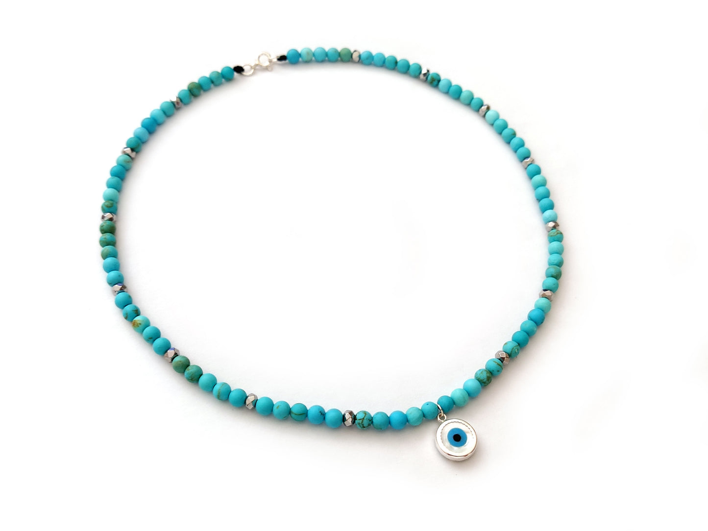 Greek Evil Eye Turquoise Silver Necklace