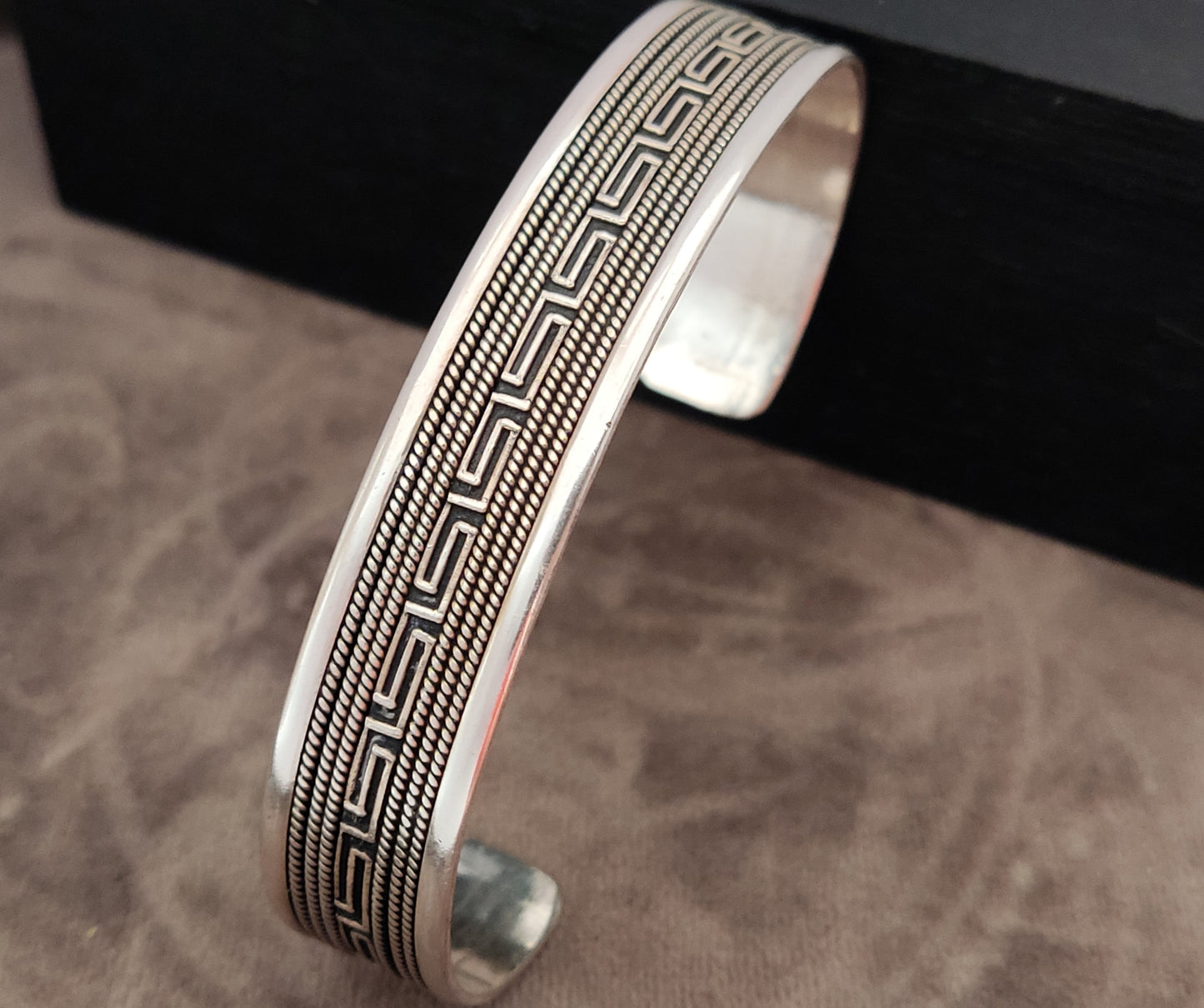 Greek Key Meander Silver 925 Unisex Men Women Cuff Bracelet