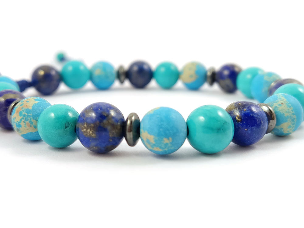 Close-up of handcrafted bracelet featuring natural Turquoise, Agate, and Lapis Lazuli stones with 8mm beads.