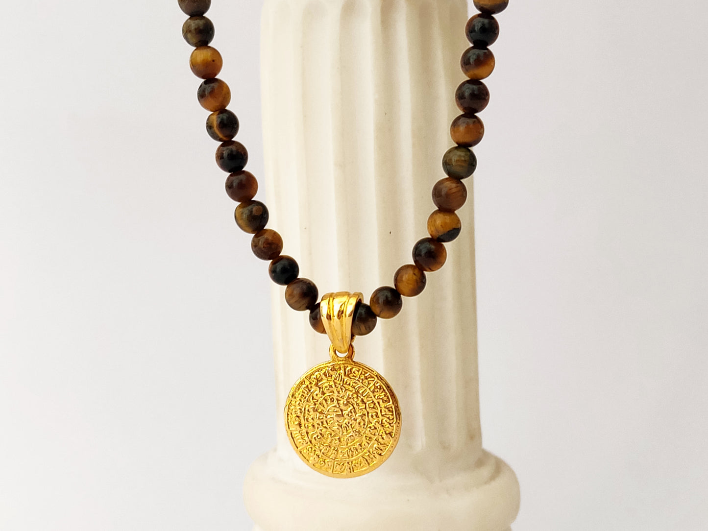 Sterling Silver 925 Greek Phaistos Disc Gold Plated Pendant 17mm | Tiger's Eye Stones Necklace