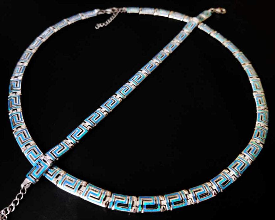 Greek Sterling Silver 925 Jewelry Set with Fire Rainbow Blue Opal Stones - Necklace and Bracelet - Adjustable Lengths - Modern Curved Design - Made in Greece - Free Shipping