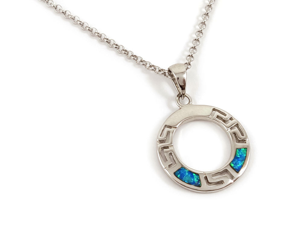Sterling Silver 925 Blue Opal Pendant with Greek Key Meander Design, 20mm in size, made in Greece.