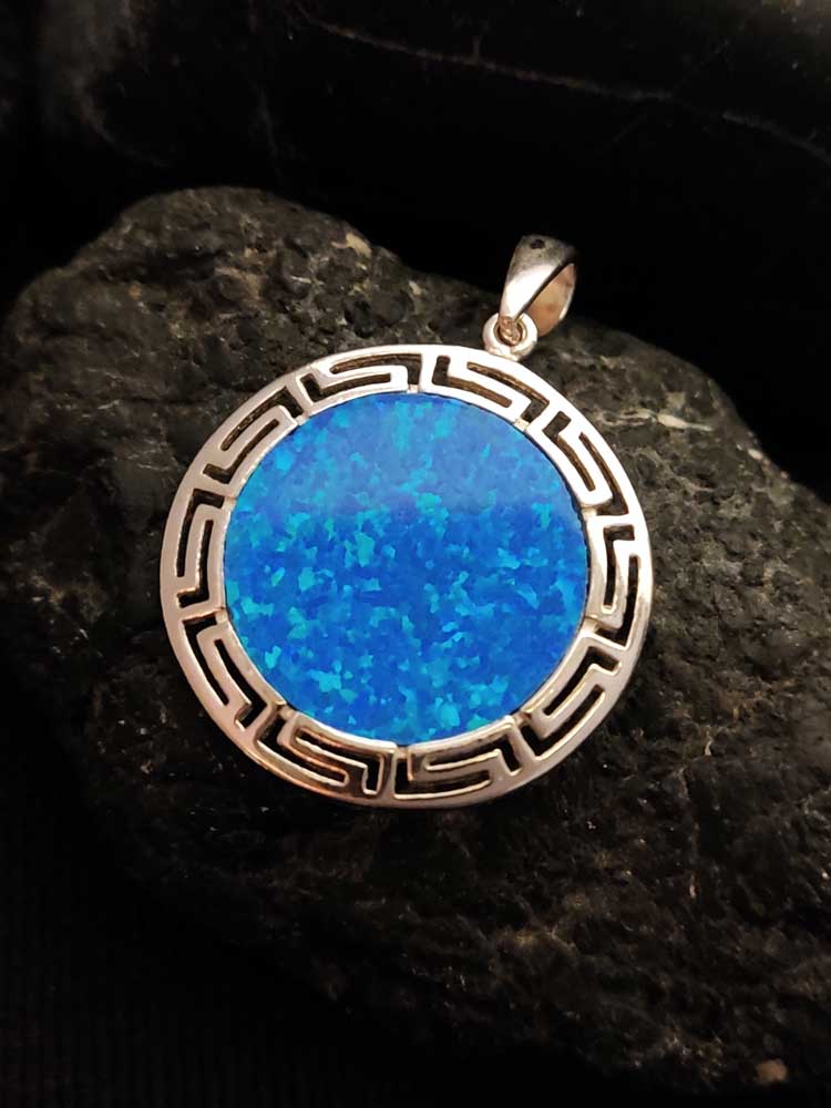 "Made in Greece: Greek Key Meander Design Pendant with Blue Opal Round Stone (2.4 mm)."