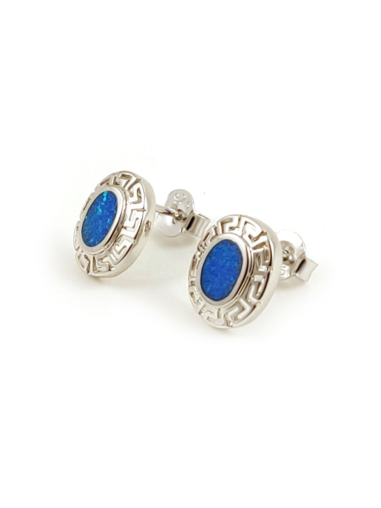 Greek Key Blue Opal Oval Stud Silver Earrings 12x10mm