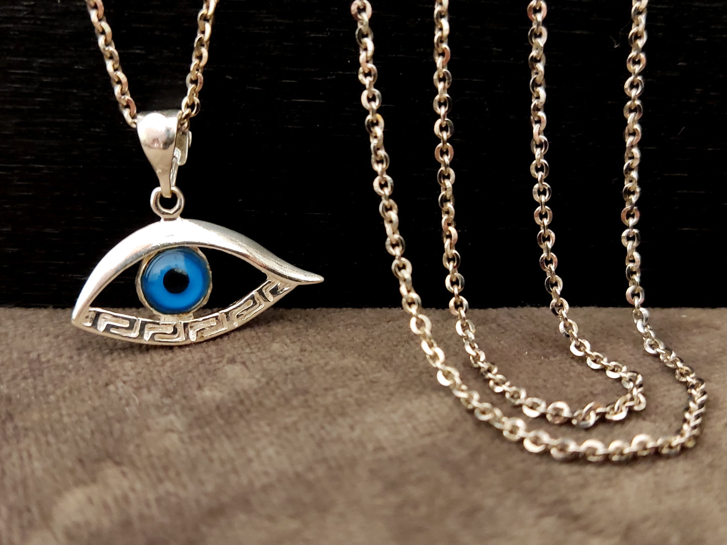 Sterling Silver 925 Evil Eye Greek Key Pendant 25x13mm