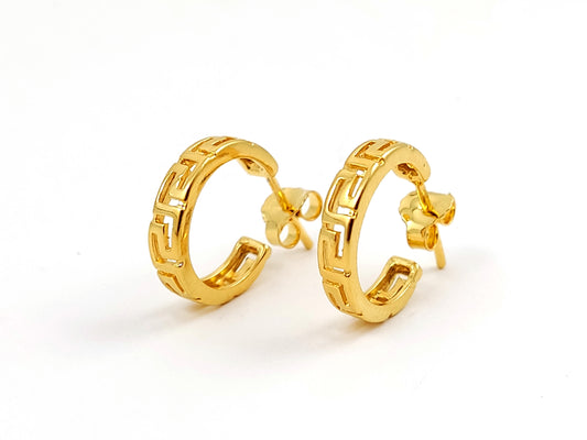 Small Greek Key design silver hoop earrings with gold plated finish measuring 15mm.