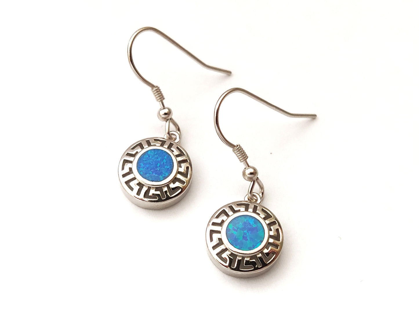 Greek Key Blue Opal Round Dangle Silver Earrings 12mm