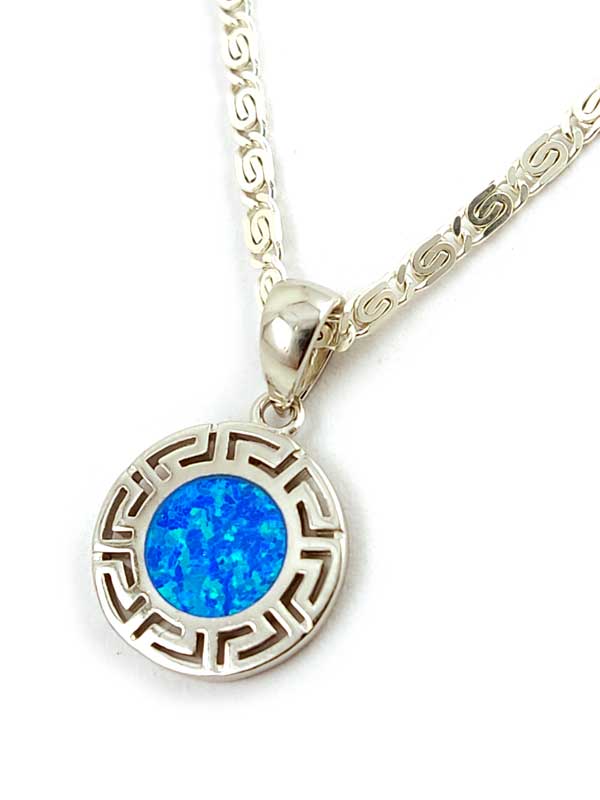 Greek silver pendant with blue opal pendant measuring 14mm and optional silver chain with width 2mm.