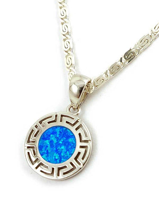 Greek silver pendant with blue opal pendant measuring 14mm and optional silver chain with width 2mm.