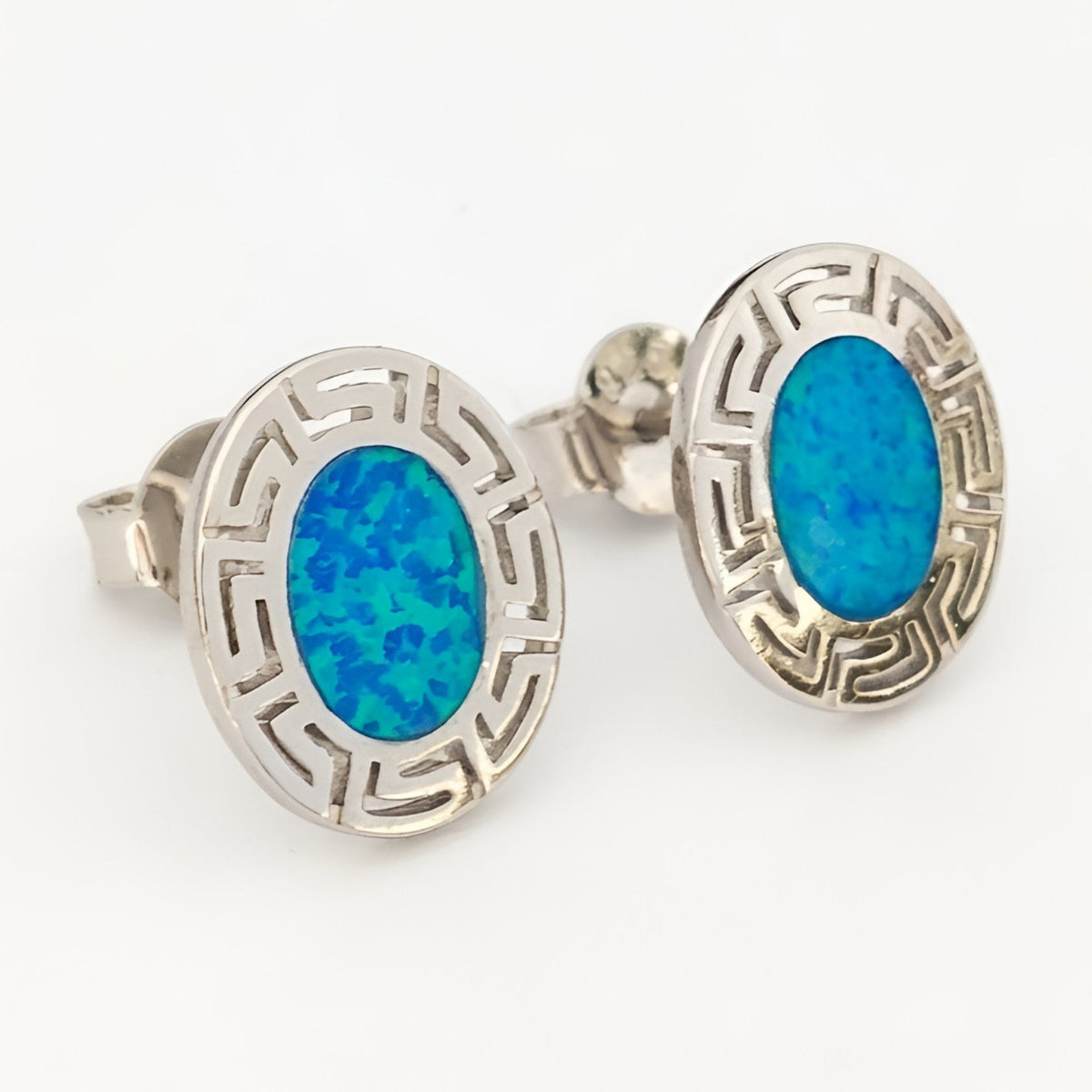 Sterling silver 925 blue opal Greek key oval stud earrings