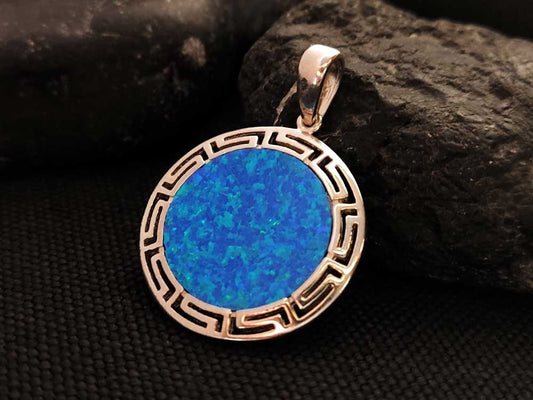 "Handmade Sterling Silver 925 pendant with Greek Key Meander design and Blue Opal stone."