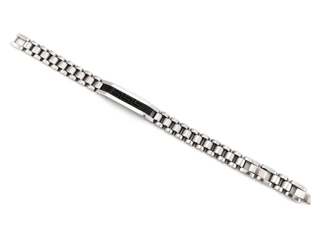Hallmarked stainless steel Greek Key bracelet, 10mm width, with black Greek Key design.