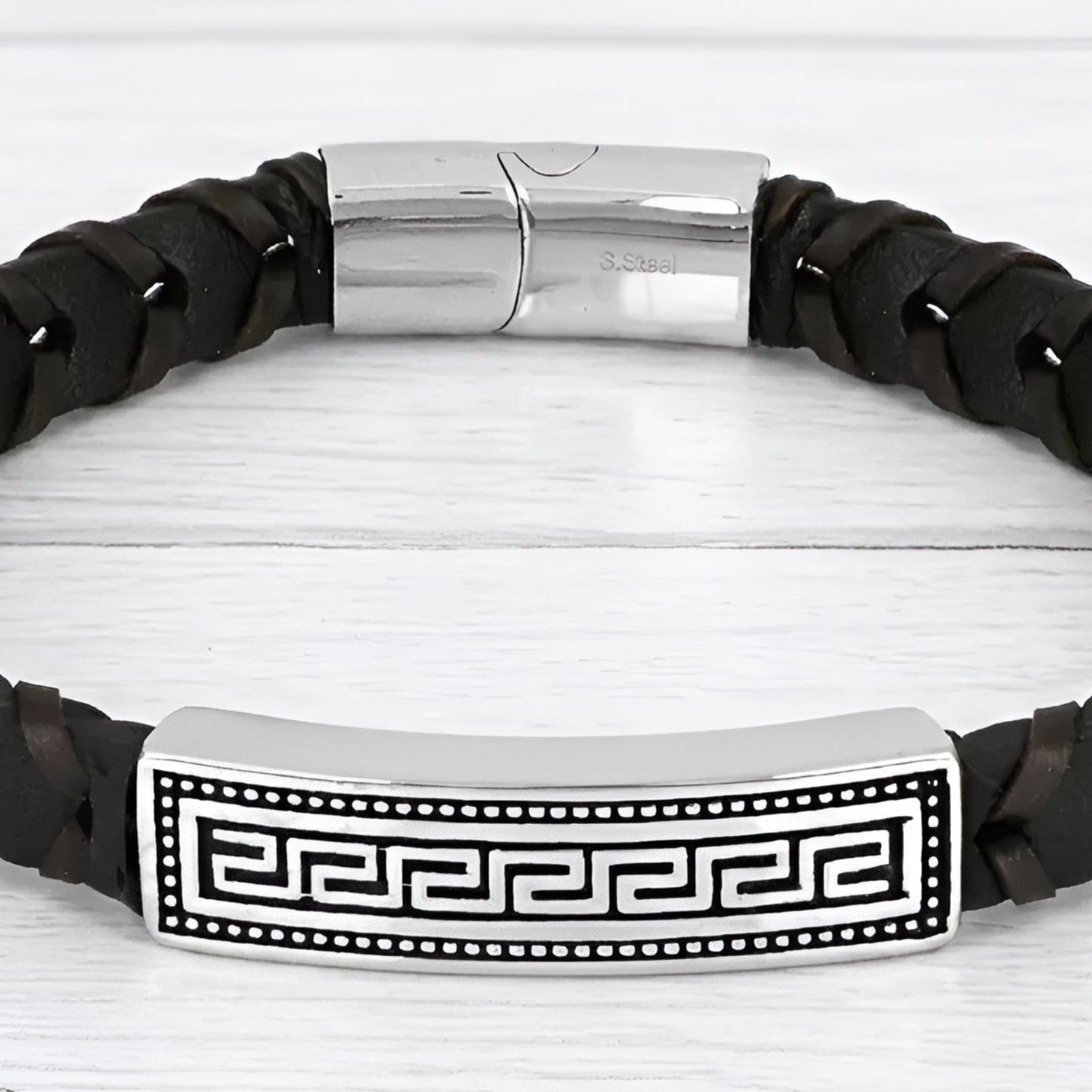 Stainless steel and leather Greek bracelet