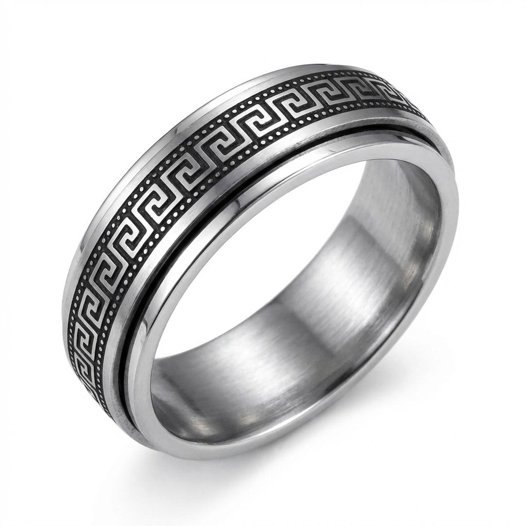 Greek Key spinner ring stainless steel front view